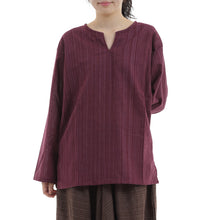 画像をギャラリービューアに読み込む, エスニック シャツ ストライプ 長袖 ロング丈 秋冬用 メンズ レディース ユニセックス キーネック アジアン G