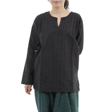 画像をギャラリービューアに読み込む, エスニック シャツ ストライプ 長袖 ロング丈 秋冬用 メンズ レディース ユニセックス キーネック アジアン G