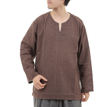 画像をギャラリービューアに読み込む, エスニック シャツ ストライプ 長袖 ロング丈 秋冬用 メンズ レディース ユニセックス キーネック アジアン G
