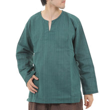 画像をギャラリービューアに読み込む, エスニック シャツ ストライプ 長袖 ロング丈 秋冬用 メンズ レディース ユニセックス キーネック アジアン G