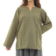 画像をギャラリービューアに読み込む, エスニック シャツ ストライプ 長袖 ロング丈 秋冬用 メンズ レディース ユニセックス キーネック アジアン G