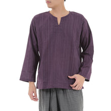 画像をギャラリービューアに読み込む, エスニック シャツ ストライプ 長袖 ロング丈 秋冬用 メンズ レディース ユニセックス キーネック アジアン G