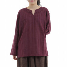 画像をギャラリービューアに読み込む, エスニック シャツ ストライプ 長袖 ロング丈 秋冬用 メンズ レディース ユニセックス キーネック アジアン G