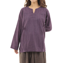 画像をギャラリービューアに読み込む, エスニック シャツ ストライプ 長袖 ロング丈 秋冬用 メンズ レディース ユニセックス キーネック アジアン G