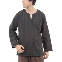 画像をギャラリービューアに読み込む, エスニック シャツ ストライプ 長袖 ロング丈 秋冬用 メンズ レディース ユニセックス キーネック アジアン G