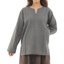 画像をギャラリービューアに読み込む, エスニック シャツ ストライプ 長袖 ロング丈 秋冬用 メンズ レディース ユニセックス キーネック アジアン G