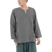 画像をギャラリービューアに読み込む, エスニック シャツ ストライプ 長袖 ロング丈 秋冬用 メンズ レディース ユニセックス キーネック アジアン G