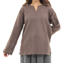 画像をギャラリービューアに読み込む, エスニック シャツ ストライプ 長袖 ロング丈 秋冬用 メンズ レディース ユニセックス キーネック アジアン G